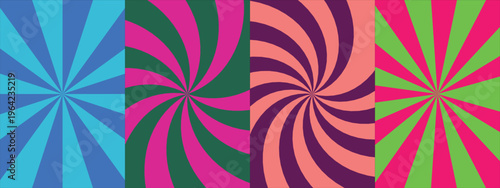 High contrast radial beam and twisted spiral backgrounds in bold blue pink and green hues