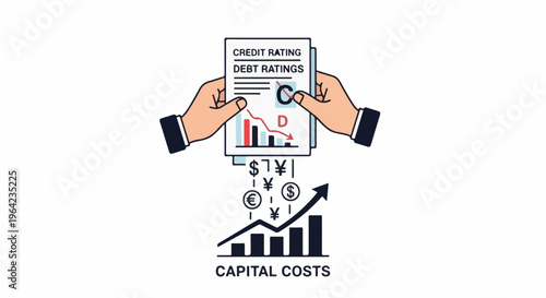 Hands hold document with credit ratings chart, money symbols fall, leading to rising graph