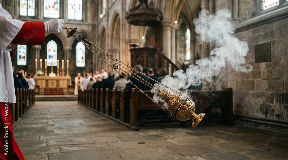 Fototapeta premium Incense censer swinging with rising smoke during church service, ritual atmosphere with blurred congregation in historic interior