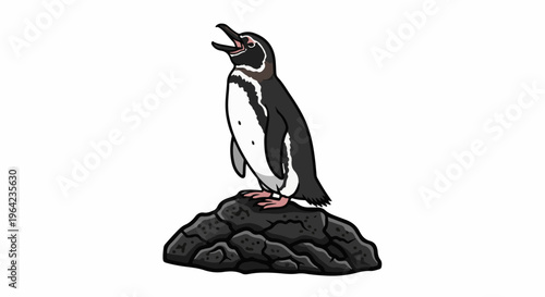 Penguin standing on a rock with its beak open