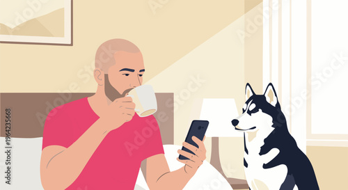 Man drinks coffee on bed with phone and husky dog beside him