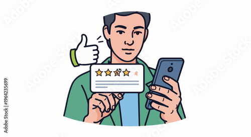 Man holding smartphone, giving feedback with star ratings and thumbs up
