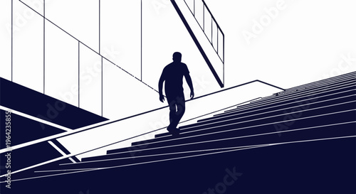 Minimalist silhouette of a person walking up geometric stairs against a stark white background