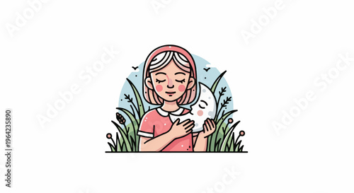 Gentle girl holds moon in lush grass under blue sky with birds