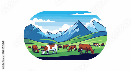 Herd grazing peacefully in a vibrant green valley below majestic mountains