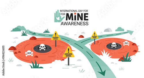 Illustration for International Day for Mine Awareness with a road diverted around two danger zones marked with skulls and warning signs on a scenic background.