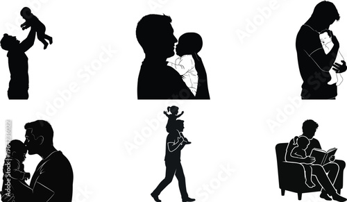 Silhouette portraits of people in various poses and activities