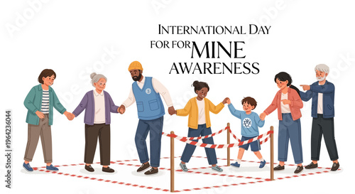 Illustration of diverse people holding hands around a mine awareness barrier on International Day for Mine Awareness with a clear and informative design.