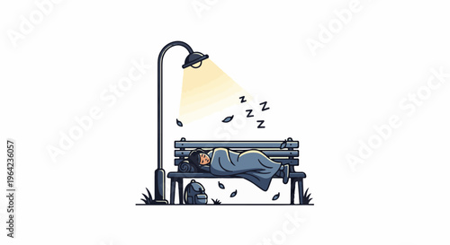 Person sleeping on park bench under street lamp, with backpack and leaves