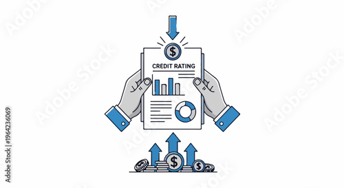 Hands hold credit rating document with financial charts; upward arrows and coins below