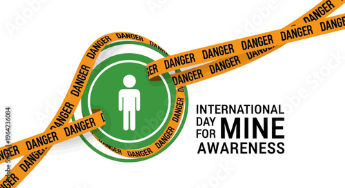 Illustration of International Day for Mine Awareness with a green circle warning sign and orange danger tape on a white background.