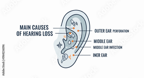 Infographic illustrates main causes of hearing loss within ear anatomy