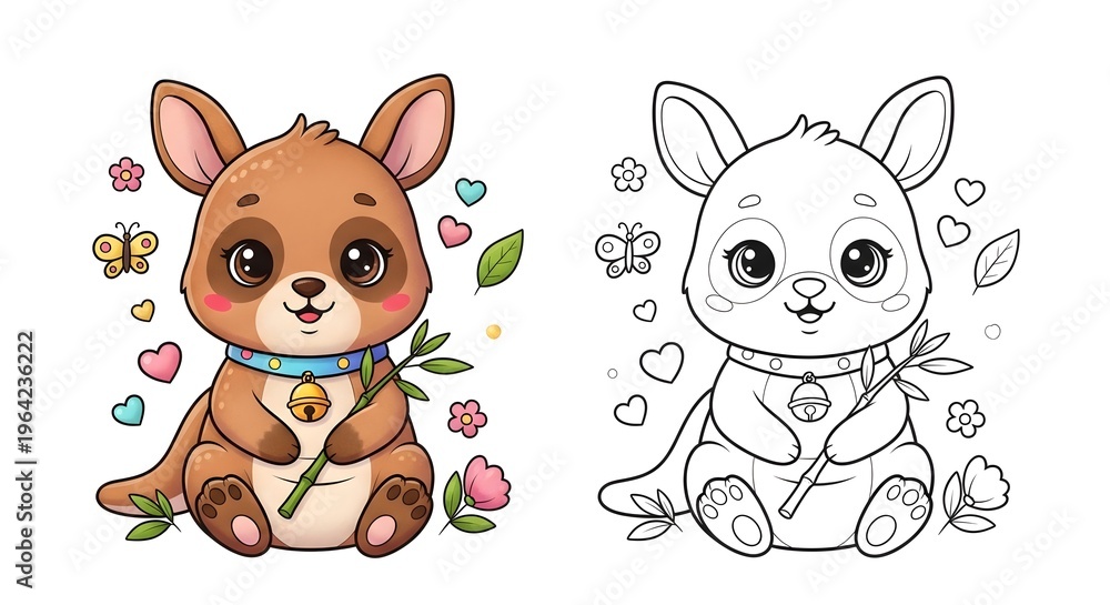 Fototapeta premium Colorful illustration of a cute dog and its line art version surrounded by flowers
