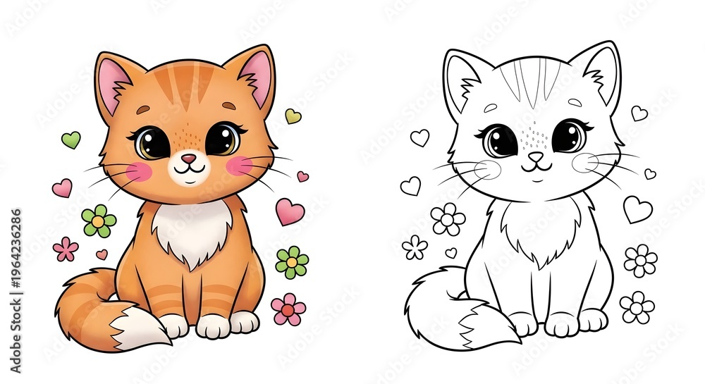 Fototapeta premium Colorful illustration of an orange kitten with a blank line drawing counterpart