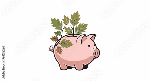 Pink piggy bank with green leaves sprouting from its back