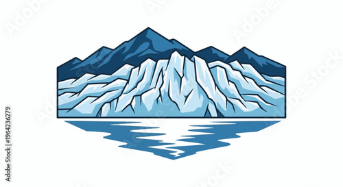 Jagged icebergs reflect on calm, blue water beneath dark, silhouetted mountains