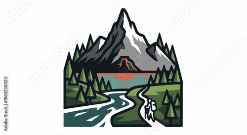 Scenic mountain vista with hikers on a trail beside a river and lake