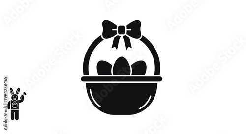 Easter egg basket icon with a large bow and three eggs accompanied by a small bunny mascot character on a white background.