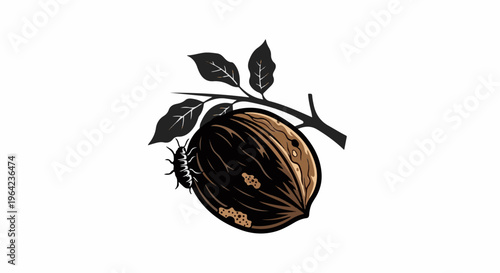 Insect on a nut with leaves on a branch