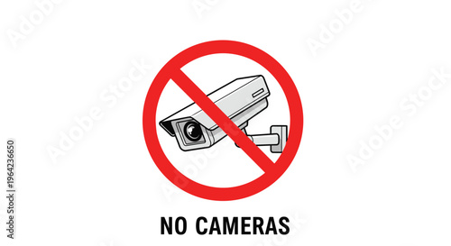 Security camera prohibited sign with a detailed illustration and no cameras text placed underneath a red circle with a slash.