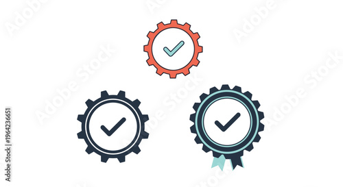 Quality assurance and system check icons featuring gears with checkmarks and one with a blue ribbon for certification.