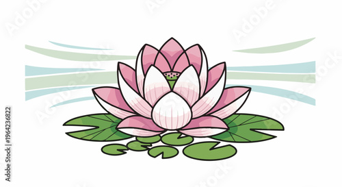 Pink lotus flower blooms with green lily pads and stylized water ripples
