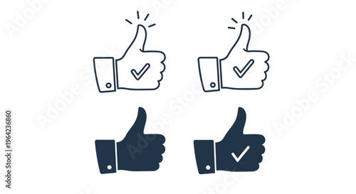 Hand drawn style thumbs up icons with checkmarks in both outline and solid versions for feedback and social media.