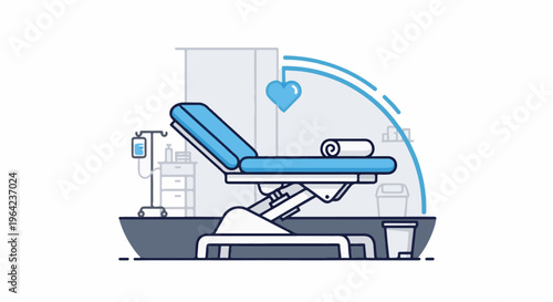 Medical examination table with IV stand, heart symbol, and medical equipment