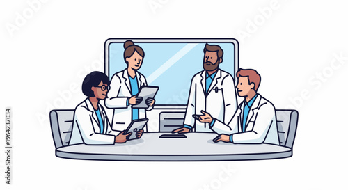 Four medical professionals in white coats collaborate around a table