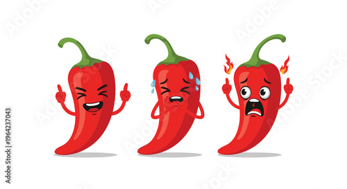 Cute red chili pepper cartoon characters with various facial expressions showing different levels of spiciness and heat.