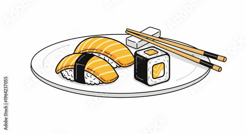 Plate of salmon sushi and a roll with chopsticks