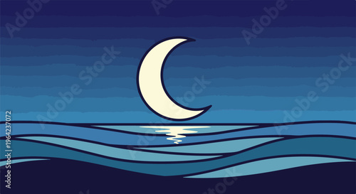 Stylized crescent moon reflected on a wavy ocean under a gradient sky