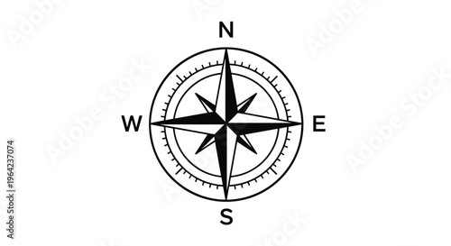 Traditional black and white compass rose icon with cardinal directions north south east and west for navigation and travel.