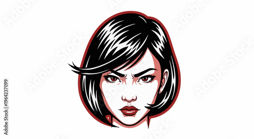 Fierce woman with sharp black hair and intense eyes, bold graphic