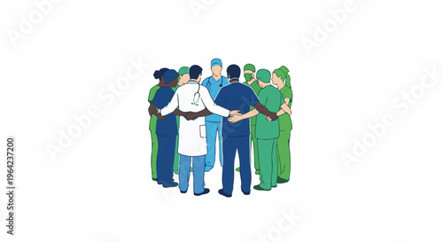 Diverse medical professionals in scrubs form a circle, embracing each other