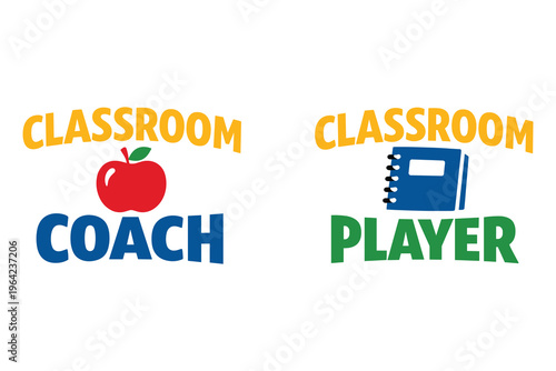 Classroom coach and player logos with apple and notebook educational icons.
