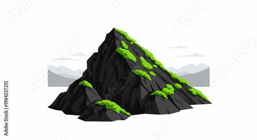 Jagged, dark mountain peak with vibrant green moss clinging to its rocky slopes