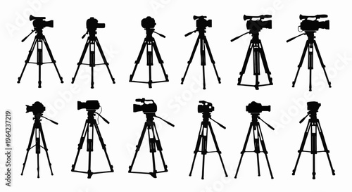 Silhouette collection of various camera tripods with video cameras