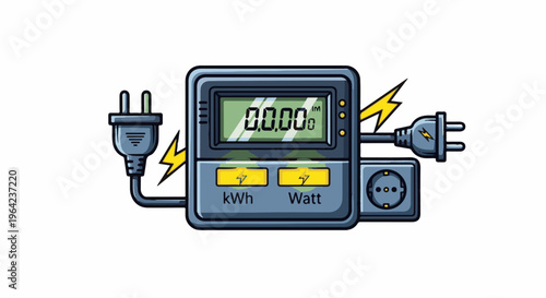 Digital meter with plug, socket, and lightning bolts, indicating energy usage
