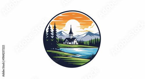 Scenic lakeside church and mountains at sunset within a circular emblem
