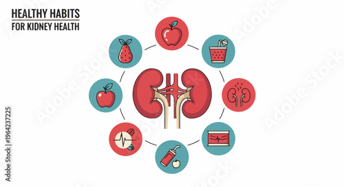 Kidney health habits illustrated with fruits, organs, and lifestyle icons