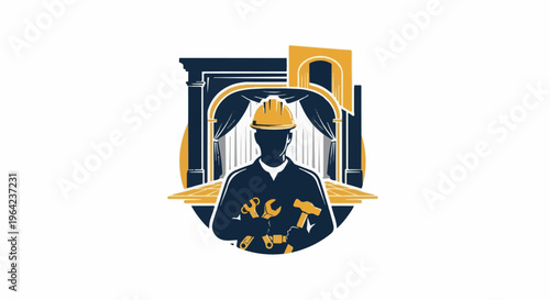 Silhouette of a construction worker in a hard hat with tools in front of an archway