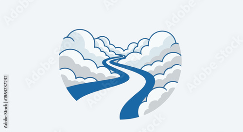 Stylized blue river flows through fluffy white and gray clouds, evoking a dreamlike journey
