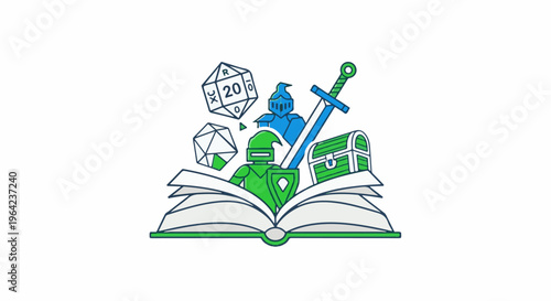 Open book with fantasy game elements dice, knight, sword, treasure chest