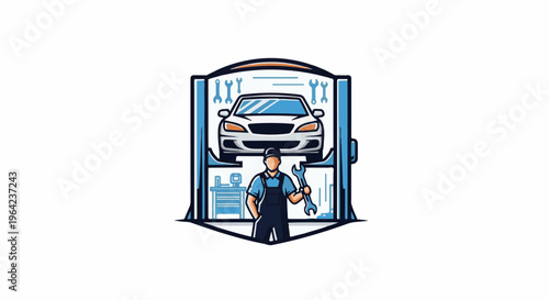 Mechanic with car on lift and tools in workshop