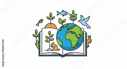 Open book with earth, plants, animals and a bird symbolize nature and knowledge