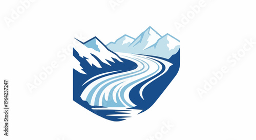Stylized icy mountains and a flowing river within a shield shape