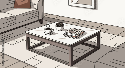 Minimalist living room scene with coffee, books, and sofa