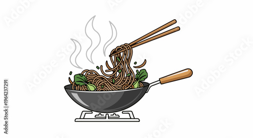 Delicious noodles being lifted with chopsticks from a steaming wok