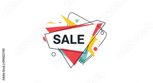 Creative abstract geometric sale banner with red yellow and blue triangles for modern retail marketing campaigns.